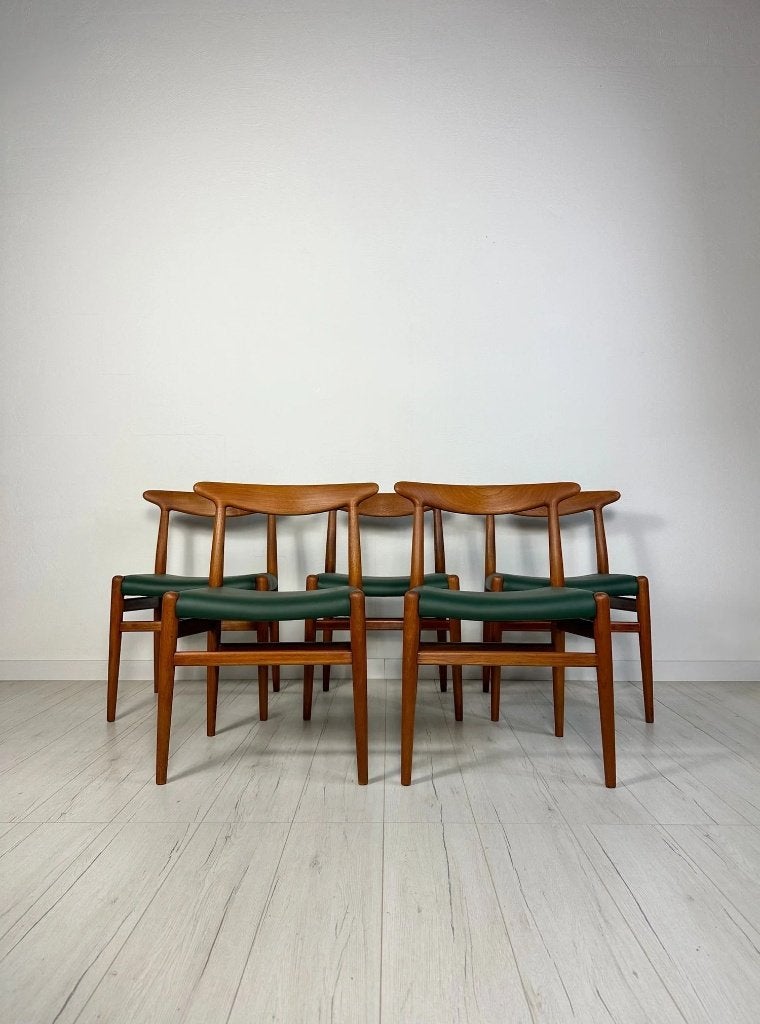 5 chaises Hans J. Wegner W2 teck C.M. Madsen cuir vert, Enlèvement
