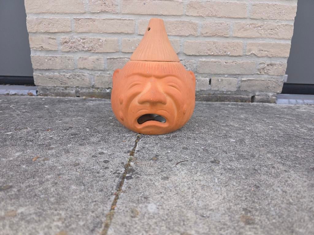 Vintage terracotta hoofd pot / vaas met deksel  uniek design, Tuin en Terras, Ophalen of Verzenden, Gebruikt