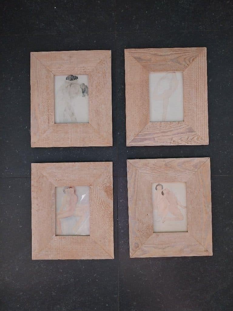 4 Houten fotokaders met tekening, Ophalen, Beige, Ingelijst werk, Zo goed als nieuw