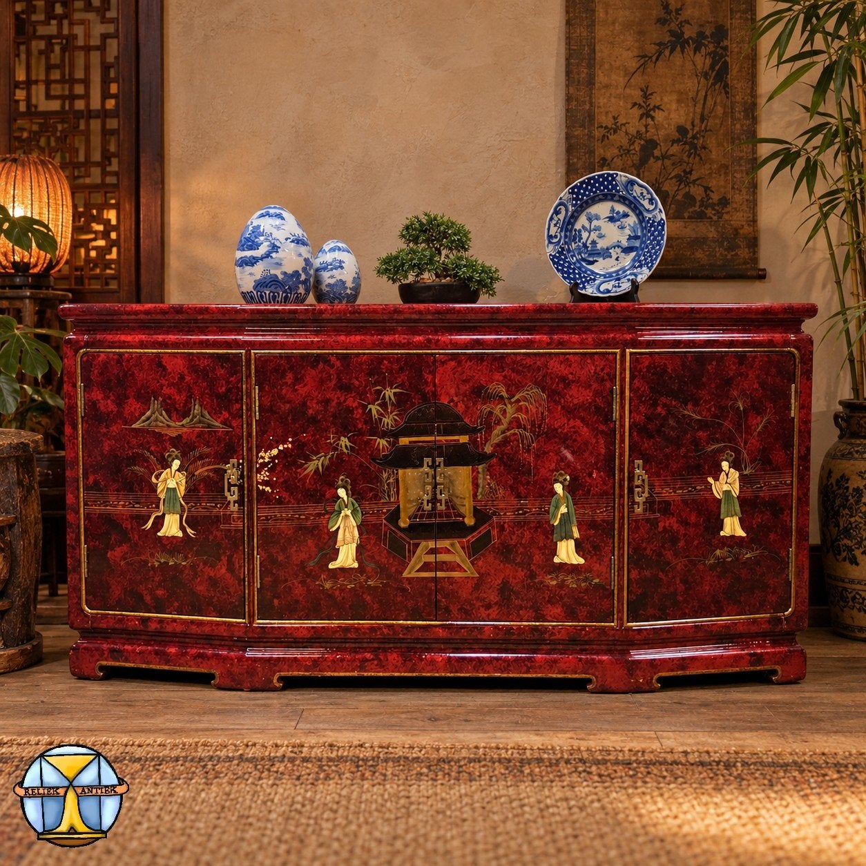 Buffet chinois vintage rouge/doré, scènes traditionnelles, Maison & Meubles, Avec tiroir(s), 25 à 50 cm, Enlèvement ou Envoi, 150 à 200 cm