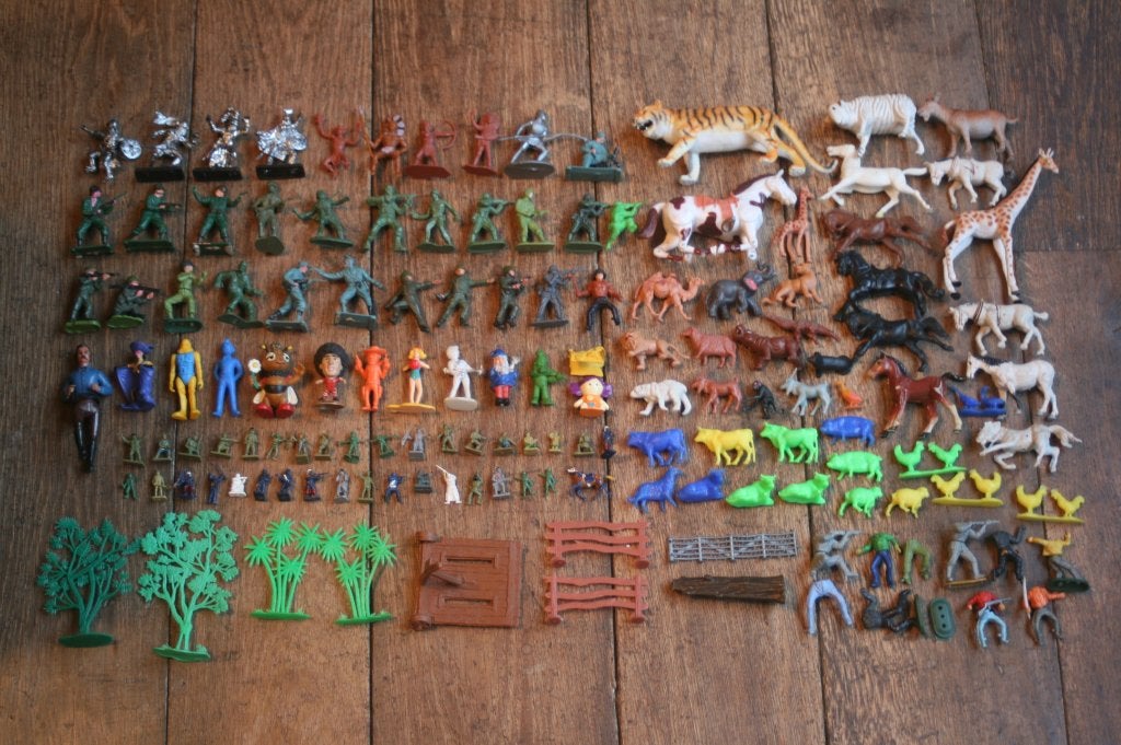 Lot figuurtjes soldaten western paarden dieren (jaren 60/70), Ophalen of Verzenden, Gebruikt, 1:50 of kleiner, Figuur of Figuren