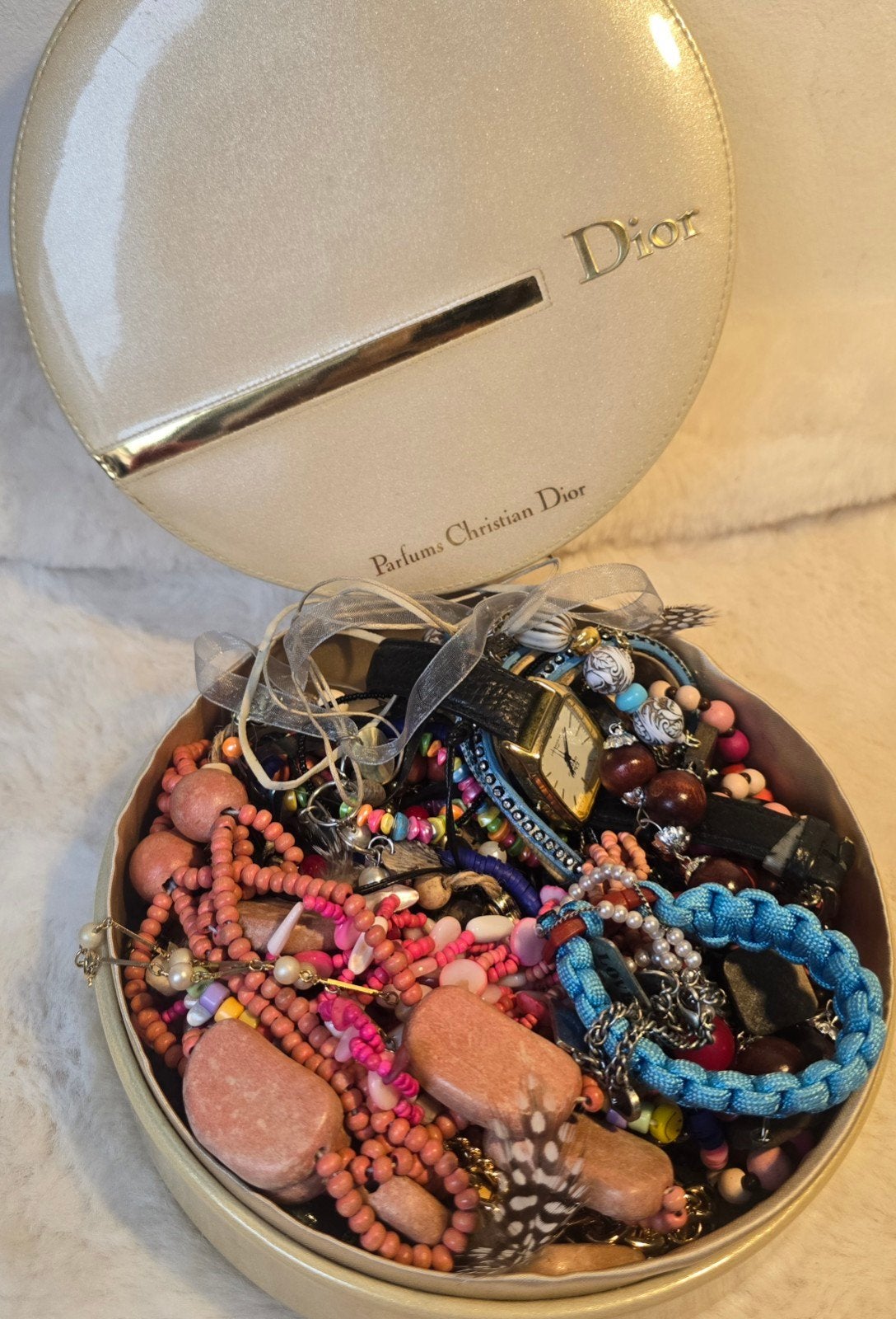 Vintage Vanity Box / Opbergdoos met Grote Sieraden Lot, Ophalen of Verzenden, Gebruikt