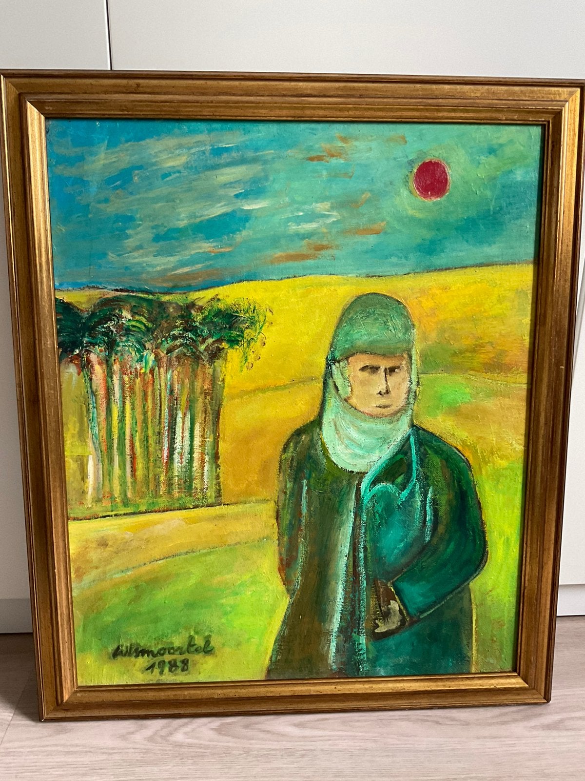Schilderij met man in de woestijn, ingekaderd, Ophalen of Verzenden