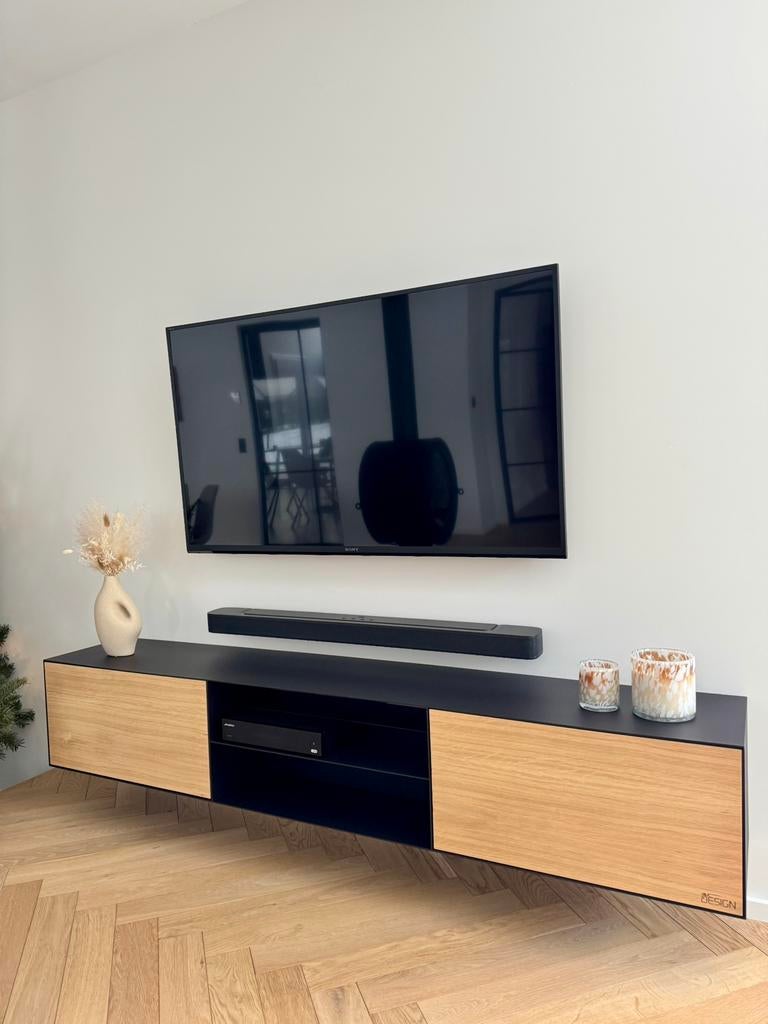 Meuble tv en acier poudré noir avec portes en chêne, Enlèvement, Comme neuf, Chêne