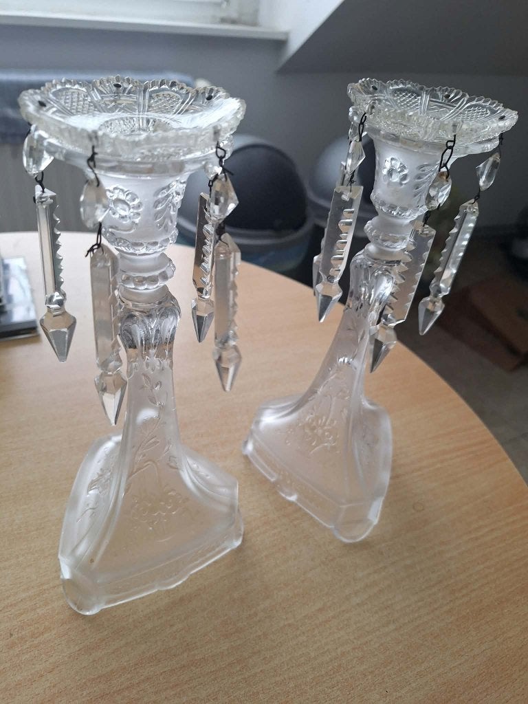 paire  bougeoirs girandole ancien en verre  fleurs pampille, Enlèvement ou Envoi