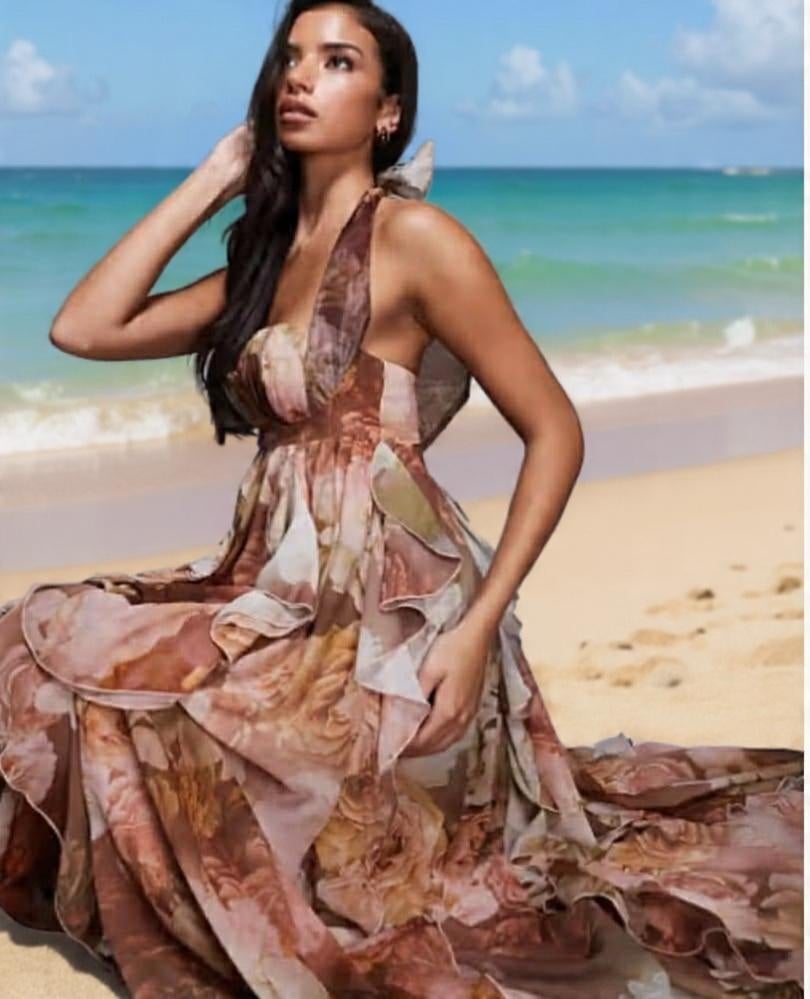 ASOS LUXE - Maxi-halterjurk in bruine bloemenprint, Galajurk, Overige kleuren, Verzenden, Nieuw