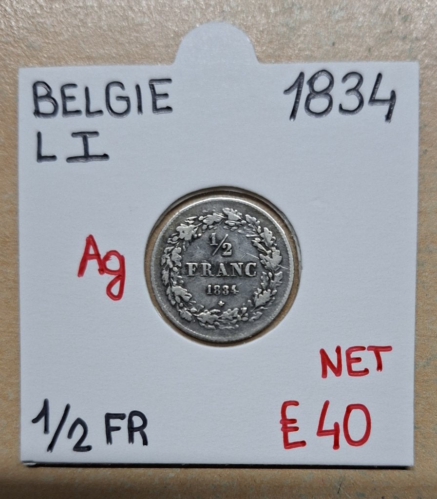 1/2 FR  1834    LEOPOLD I     BELGIE    ZILVER   € 40, Zilver, Ophalen of Verzenden, Losse munt, Zilver