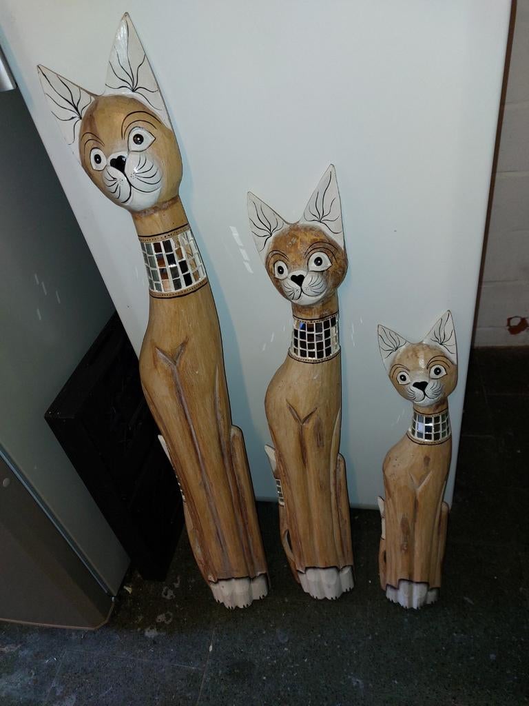 Drie  Vintage houten katten, Antiek en Kunst, Kunst | Beelden en Houtsnijwerken, Ophalen