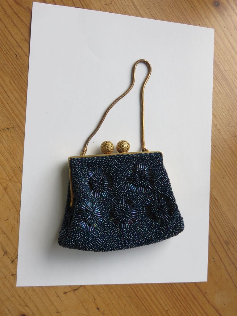 Ancienne bourse, réticule, en perles, Bleu, Verre, Autres origines, 10 cm