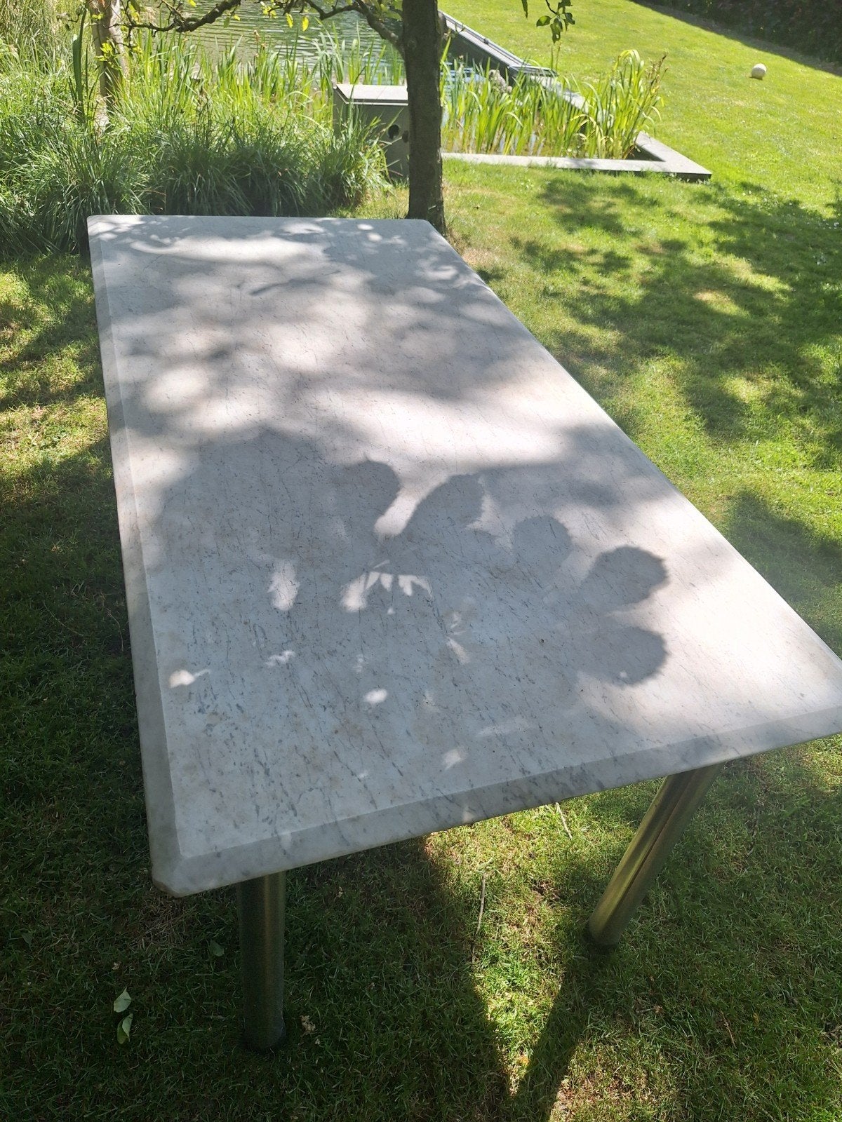 Wit marmeren tafelblad, Tuin en Terras, Tuintafels, Ophalen, Gebruikt, Rechthoekig, Overige materialen