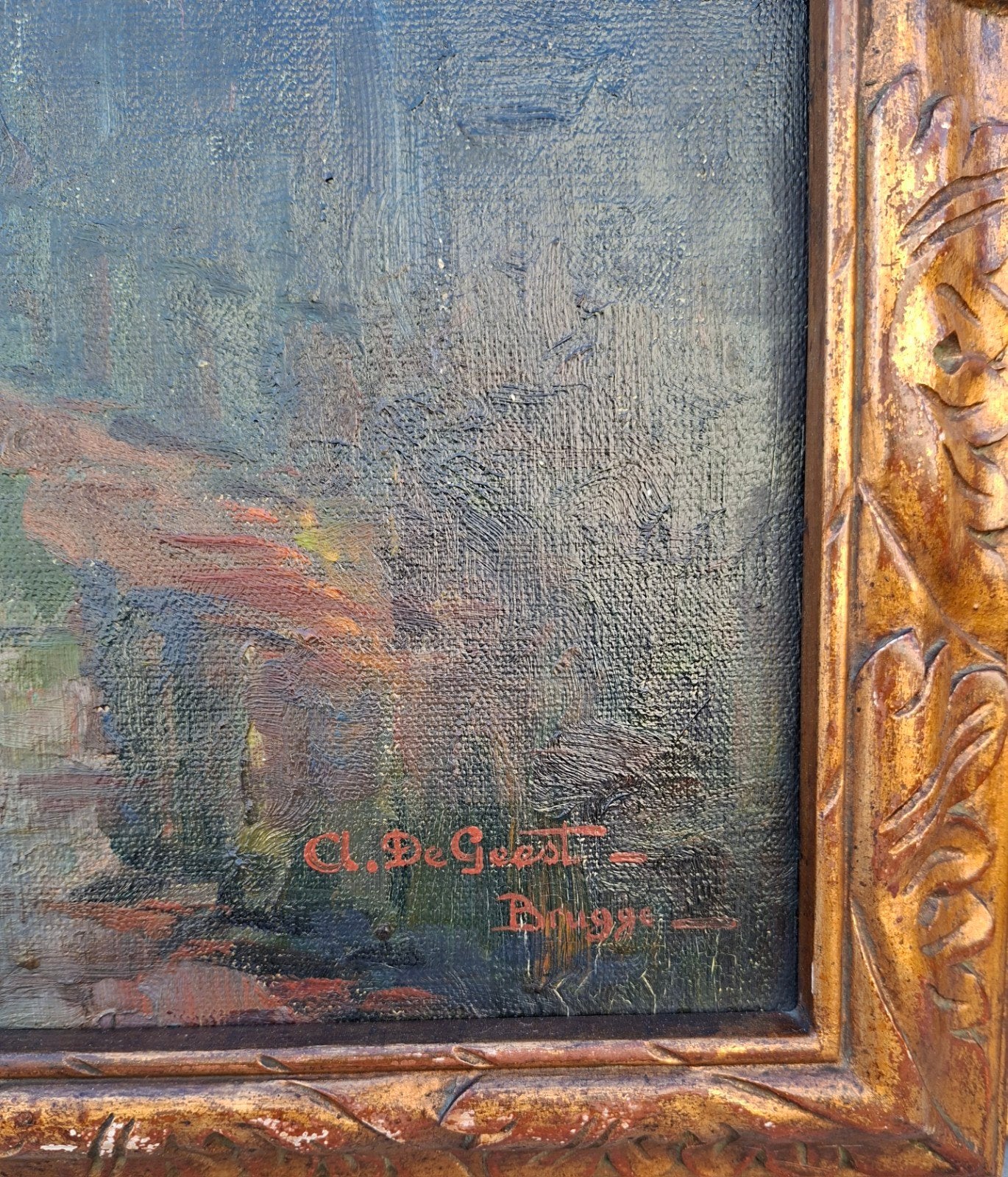 DE GEEST Arthur "Zonnig zicht te Brugge " olie op doek, Peinture à l'huile, Enlèvement, Paysage urbain / rural, Impressionniste