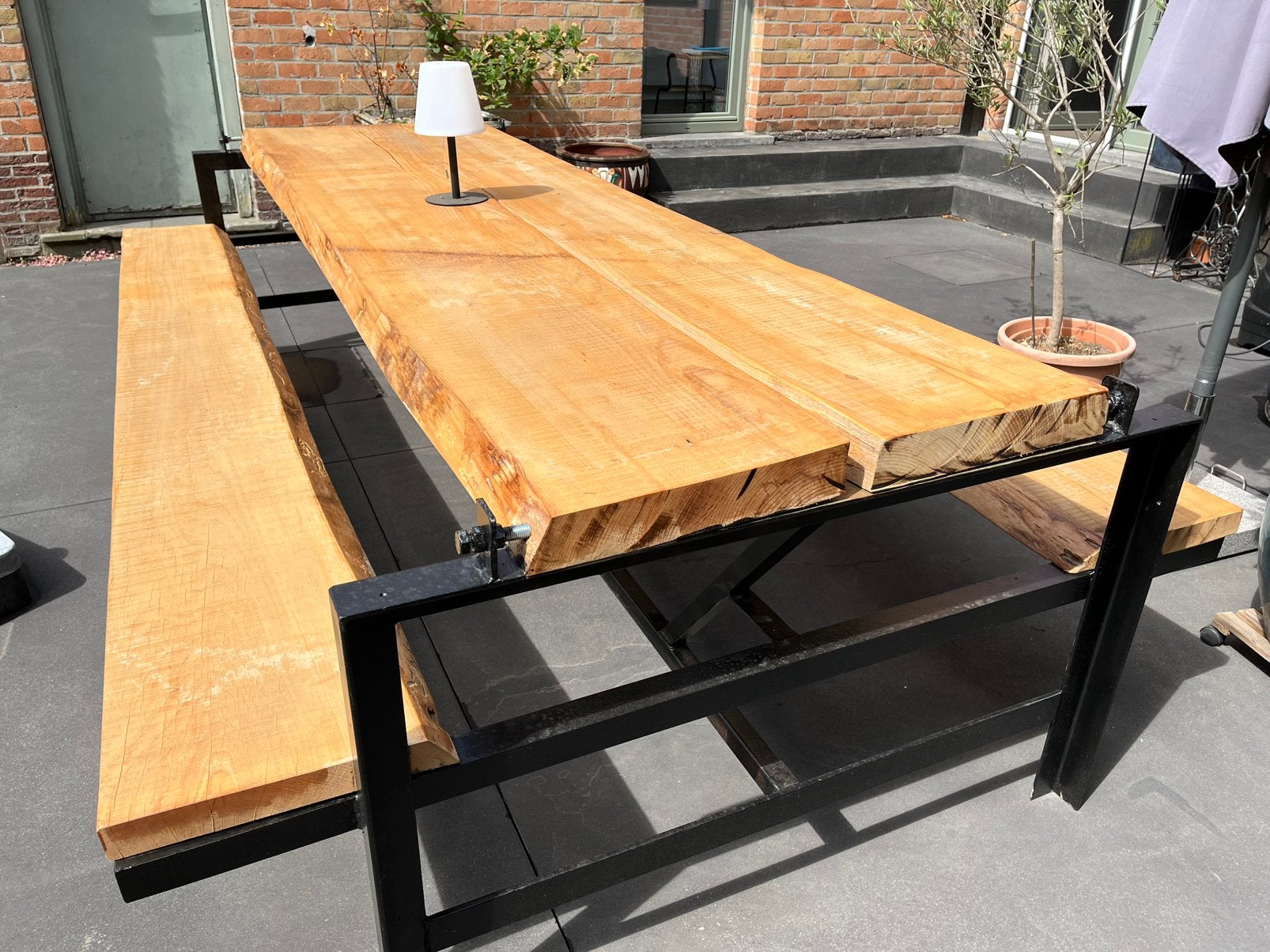Boomstamtafel met zitbank 3M, Ophalen, Zo goed als nieuw, Rechthoekig, Hout