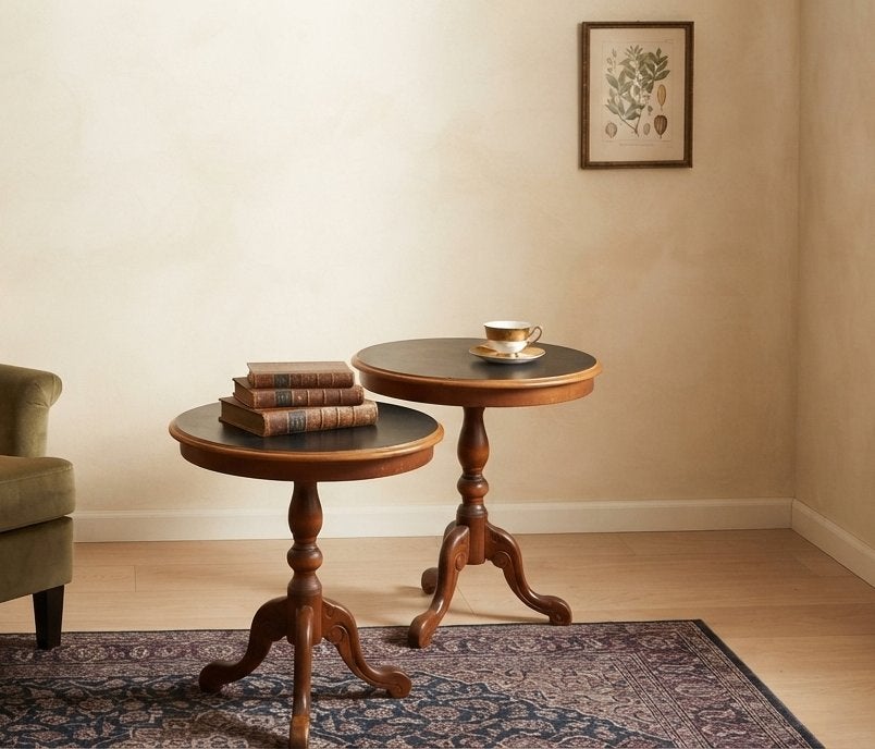 Set klassieke houten Bijzettafeltjes / Sidetables, Minder dan 55 cm, Gebruikt, Klassiek, Rond