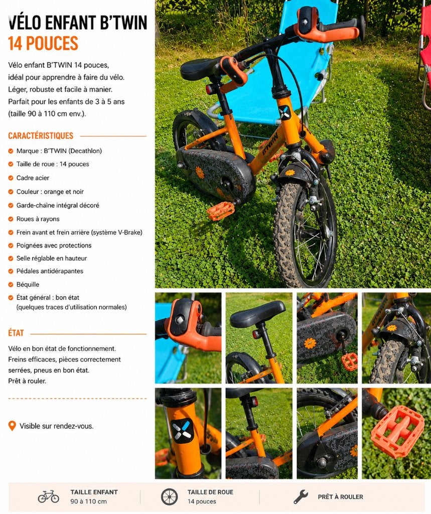 B'TWIN 14 inch kinderfiets - Zeer goede staat, Fietsen en Brommers, Fietsen | Kinderfietsjes, Ophalen, BTwin Décathlon, Trommelrem
