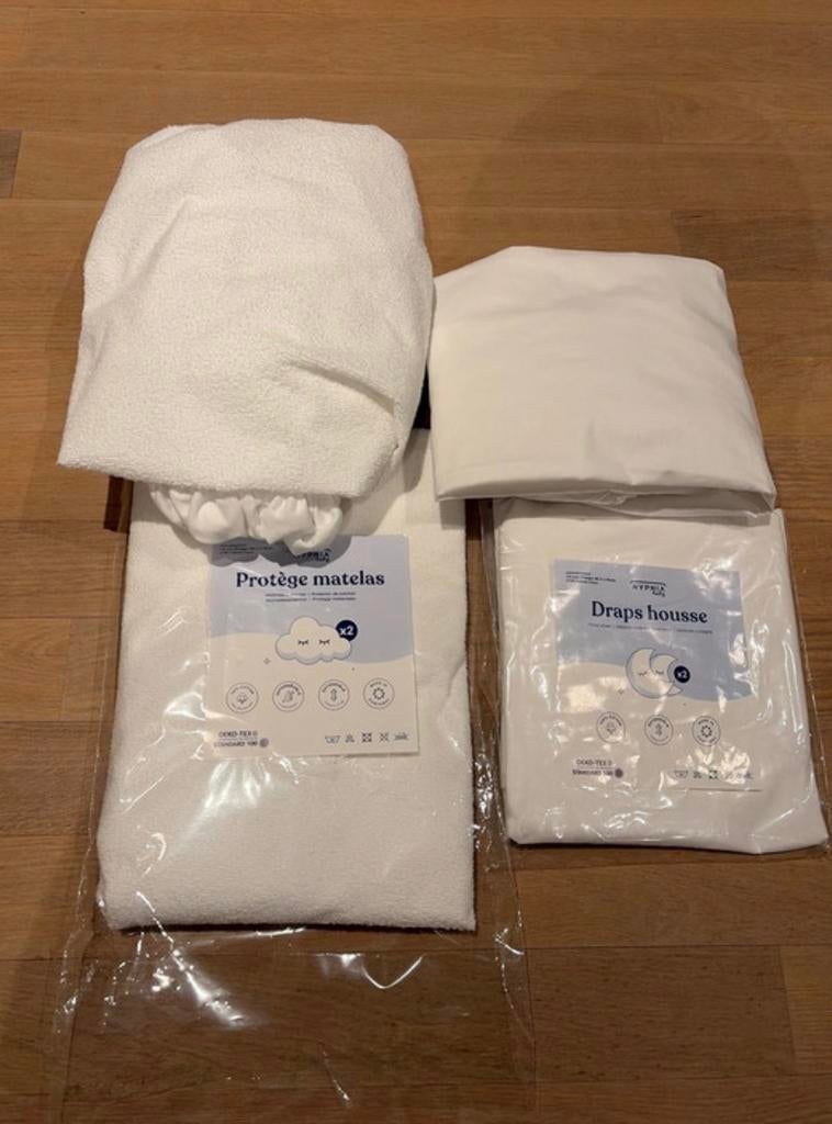 Draps housse + protege matelas, Ophalen, Jongetje of Meisje, Nieuw, Wit