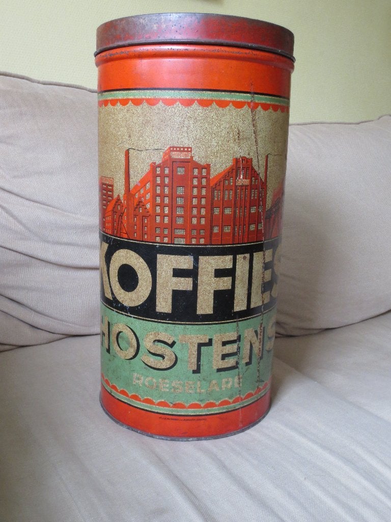 OUDE GROTE DOOS BLIK 45 HOOG KOFFIES HOSTENS ROESELARE-ZIEN, Verzamelen, Ophalen, Gebruikt, Verpakking