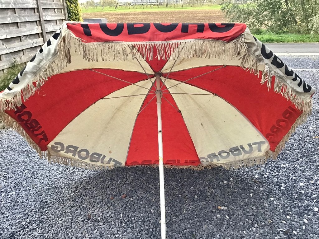 Reclame parasol van ‘Tuborg’ jaren ‘60, Ophalen of Verzenden, Gebruikt, Gebruiksvoorwerp