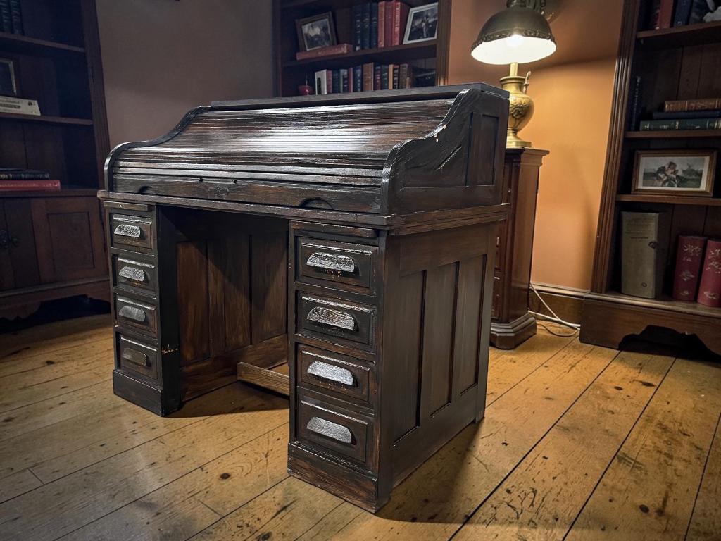 vintage houten Amerikaanse bureau met rolluik / schrijftafel, Ophalen