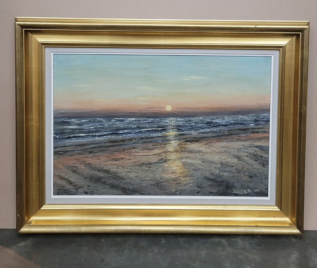 Raymond URBAIN, avondlicht aan zee, Antiquités & Art, Art | Peinture | Classique, Enlèvement ou Envoi, Peinture à l'huile, Toile