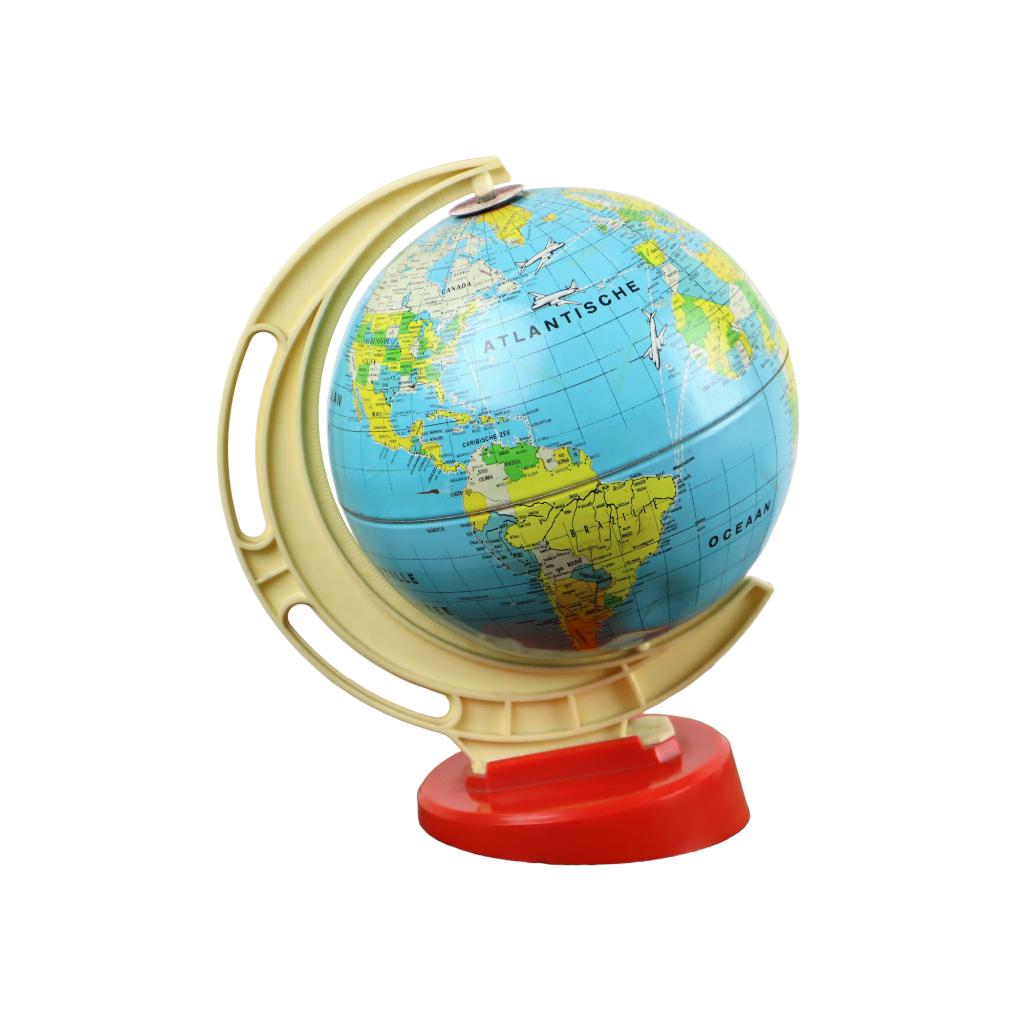 Kleine Wereldbol Tin Vlieg-en Scheepsroutes Vintage 24cm, Enlèvement ou Envoi, Utilisé