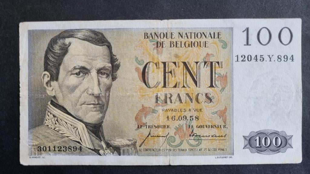 Billet de 100 francs belges de 1958, Timbres & Monnaies, Enlèvement ou Envoi