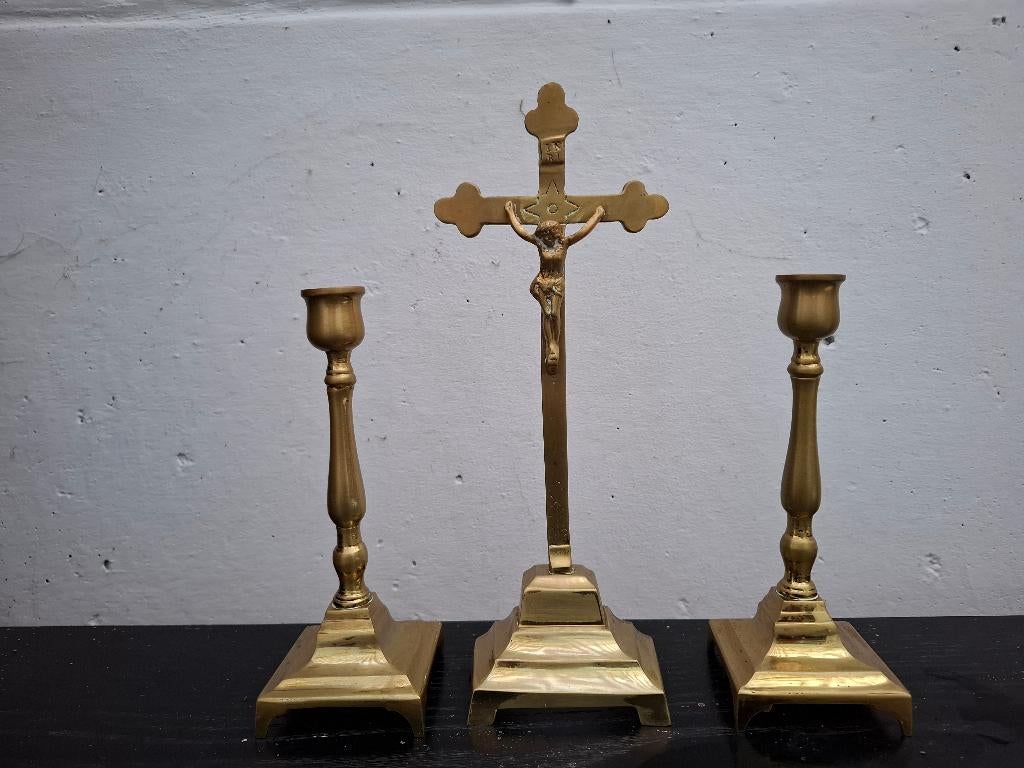 Koperen kruisbeeld met kandelaars, Antiek en Kunst, Ophalen