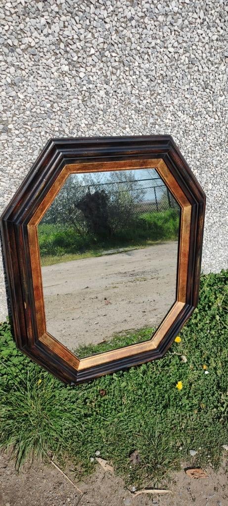 Miroir vintage antique octogonal dans un cadre en bois de ch, Enlèvement ou Envoi