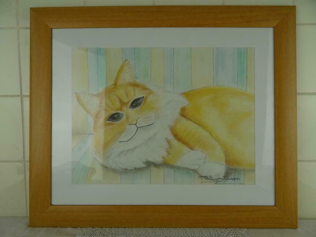 Ingelijste tekening kat schilderij kat schilderij poes 2003, Ophalen of Verzenden