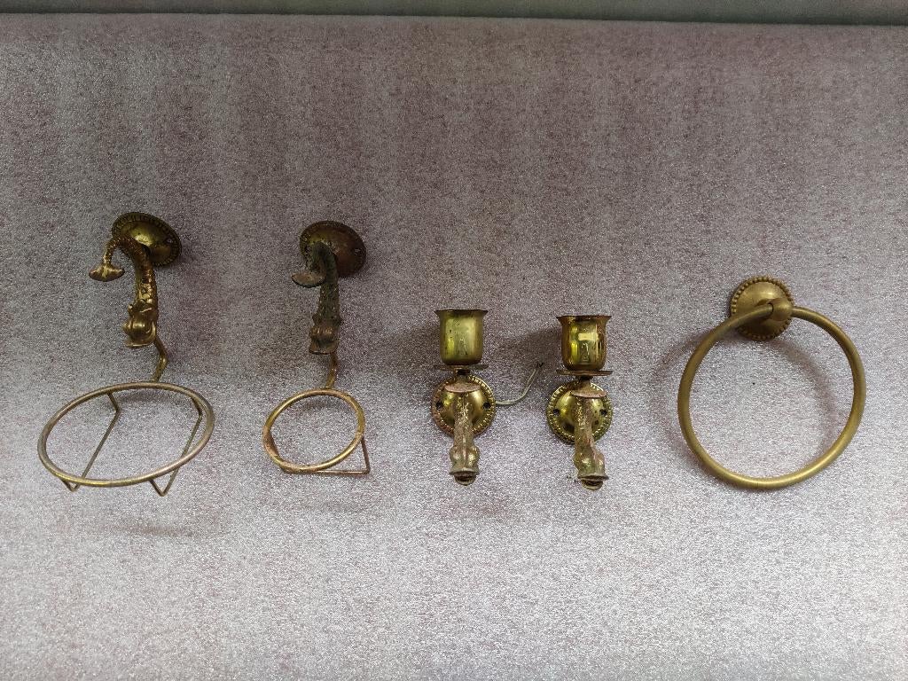 Antieke badkamer ornamenten - 5st - vis, Ophalen, Koper
