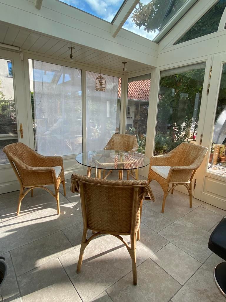 Rieten set met tafel en 4 zetels, Utilisé, Sets de jardin, Rotin, Table à dinner
