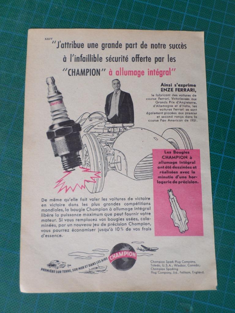 Enzo Ferrari - bougies champion - publicité papier - 1952, Enlèvement ou Envoi, Utilisé, Autres types