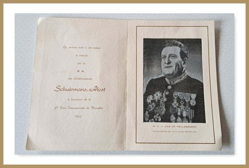 geweven portret burgemeester Brussel Van de Meulebroeck 1953, Antiek en Kunst, Ophalen of Verzenden