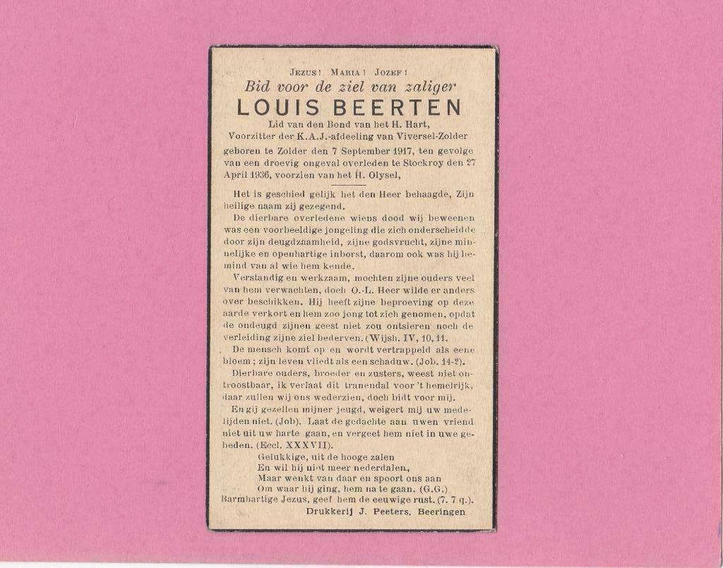 DP Louis Beerten verongelukt te Stokrooie, Envoi, Image pieuse