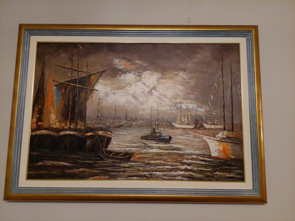 Schilderij haven Anderssen 75x105cm, Ophalen of Verzenden, Zo goed als nieuw, Schilderij, 75 cm of meer