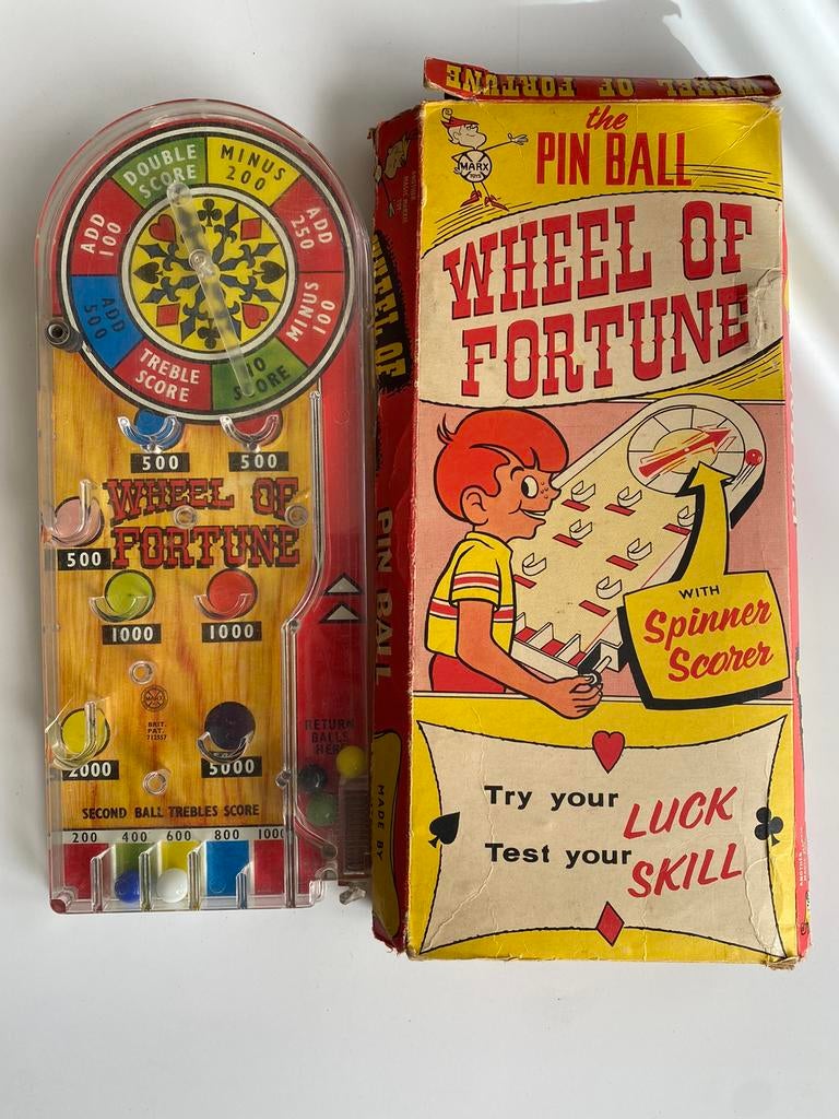 Oud speelgoed met vintage pinball flipperkast theedoos 1950, Ophalen of Verzenden, Gebruikt