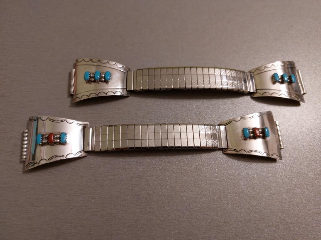 2 bracelets de montre Tribal Navajo en argent et turquoise e, Enlèvement ou Envoi, Argent, Acier, Neuf