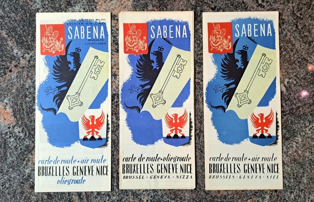 3 Air Route différents Sabena Brux. Geneve Nice années 40/50, Enlèvement ou Envoi, Comme neuf