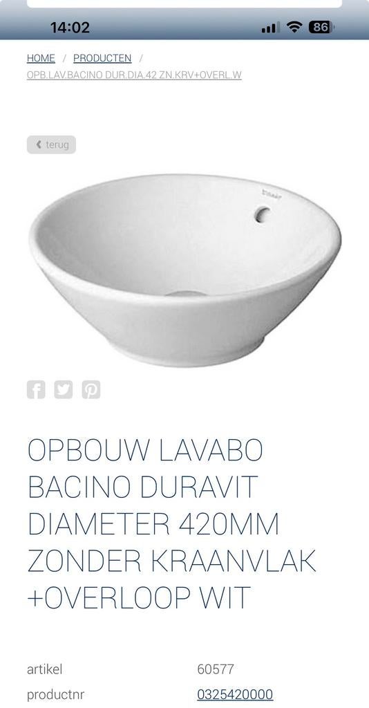 OPBOUW LAVABO BACINO DURAVIT DIAMETER 420MM, Doe-het-zelf en Bouw, Sanitair, Ophalen, Gebruikt, Wastafel