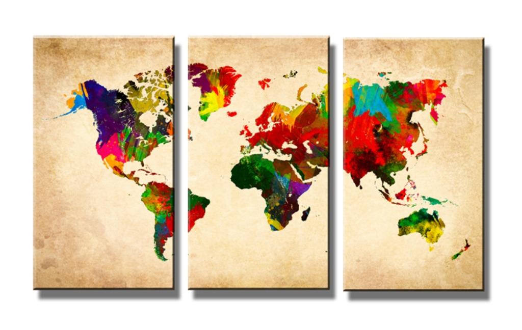 Nieuw * 3 Luik Canvas Schilderij Wereldkaart Colors 90x160cm, Neuf, Enlèvement ou Envoi, Peinture, 75 cm ou plus