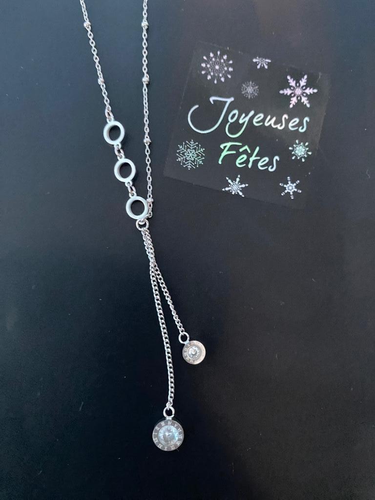 Collier Acier Avec 3 Cercles Et 2 Strass Pendantes, Bijoux, Sacs & Beauté, Colliers, Neuf, Enlèvement ou Envoi, Autres matériaux