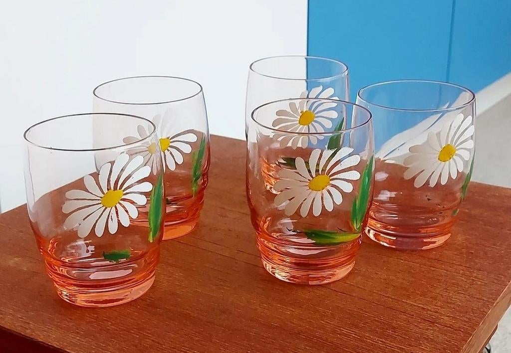 Vintage glazen met margrietbloemen rosaline, Ophalen of Verzenden