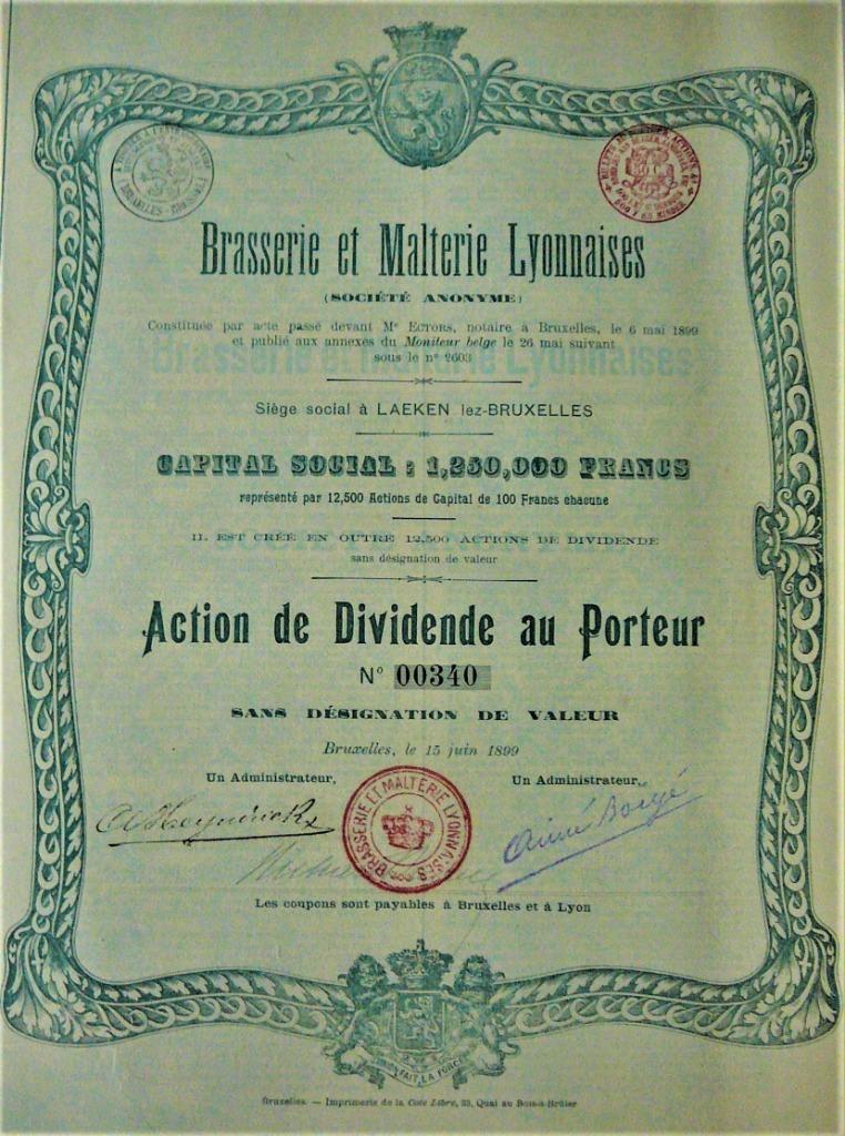 S.A. Brasserie et Malterie Lyonnaises - 1899 - Laken, Enlèvement ou Envoi, Avant 1920, Action