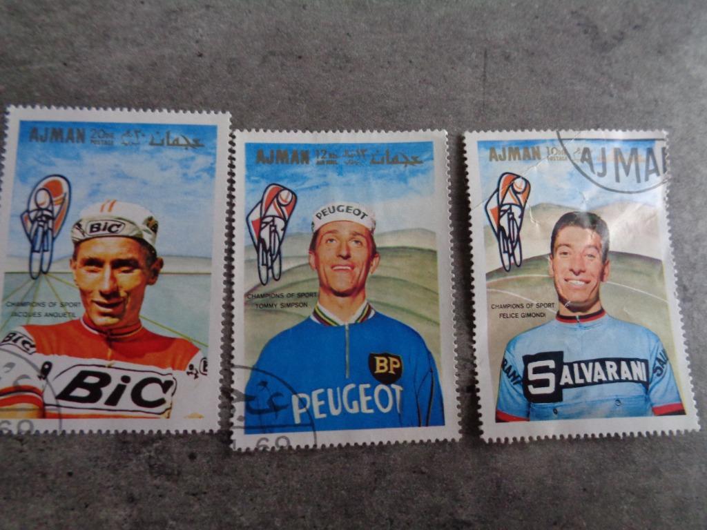 WIELRENNERS POSTZEGELS JAREN 60 SIMPSON ANQUETIL GIMONDI  3X, Ophalen of Verzenden