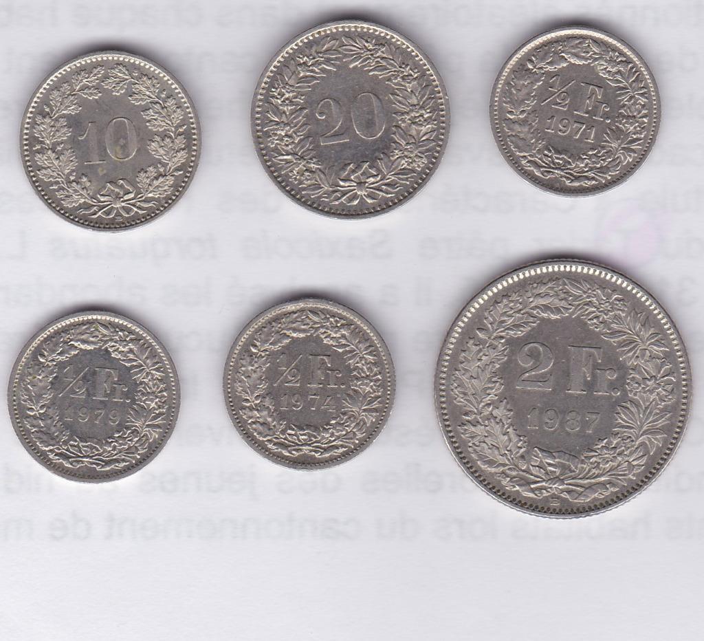 Zwitserland, lot van 6 recente munten van 1971 tot 1997, Ophalen of Verzenden, Overige landen, Losse munt