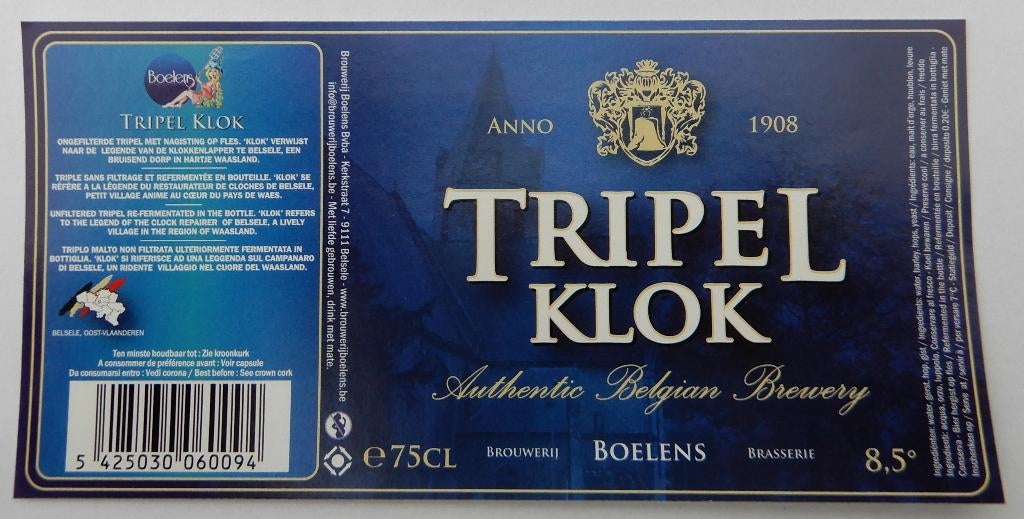 Bieretiket Tripel Klok Brouwerij Boelens (12b8), Verzamelen, Biermerken, Ophalen of Verzenden, Nieuw