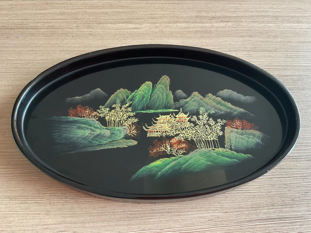 Décoration paysage chinois en bois laqué peint à la main, Enlèvement ou Envoi, Comme neuf, Ovale, Bois