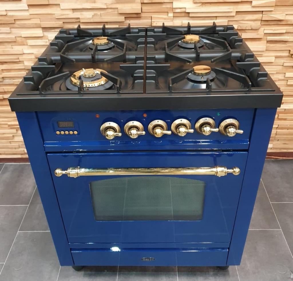 🔥Luxe Fornuis Boretti 70cm konings blauw + messing 4 pits, 60 cm of meer, Zo goed als nieuw, Energieklasse A of zuiniger, Gas