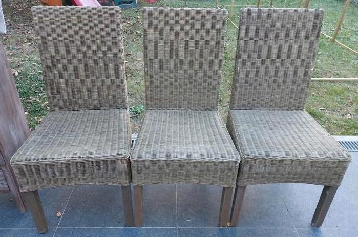 6 eetkamerstoelen met beige kussen, Ophalen, Gebruikt