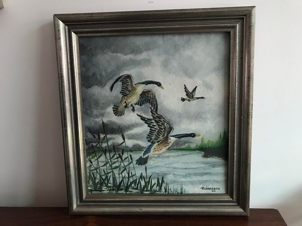 Schilderij op doek wilde eenden ganzen in hoiten lijst kader, Antiek en Kunst, Kunst | Schilderijen | Klassiek, Ophalen of Verzenden