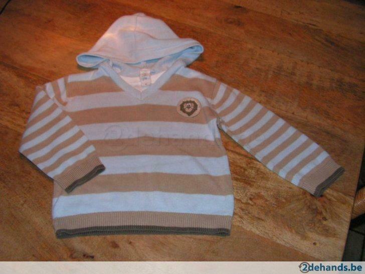 Trui blauw en beige gestreept met V-hals en kap, Utilisé, Garçon, Pull ou Veste